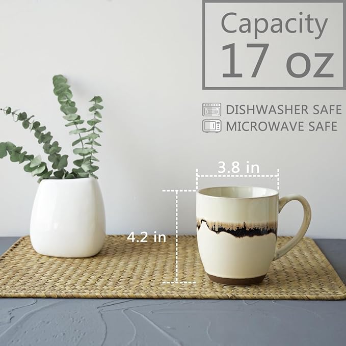 Bosmarlin Ceramic Coffee Mug Set of 4, 17 Oz, Stoneware Coffee Cups with Big Handle, Microwave Safe, Unique Reactive Glaze(17 Oz, Beige)