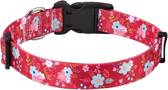 Dog Collar with Bohemia Floral Tribal Geometric Patterns - Soft Ethnic Style Collar Adjustable for Small Medium Large Dogs(Red Flower,M)