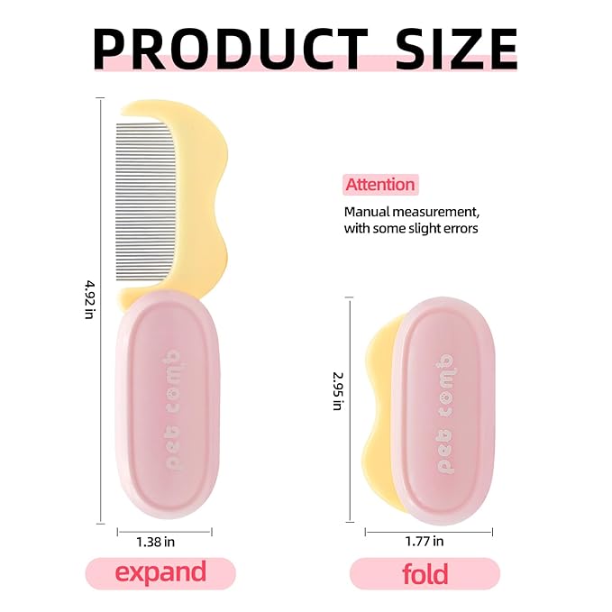 Foldable Cat Grooming Comb for Shedding and Face Care, Stainless Steel Brush for Tear Stains and Full-Body Hair, Portable ABS Handle for Cats and Small Dogs (pink‌ + yellow‌)