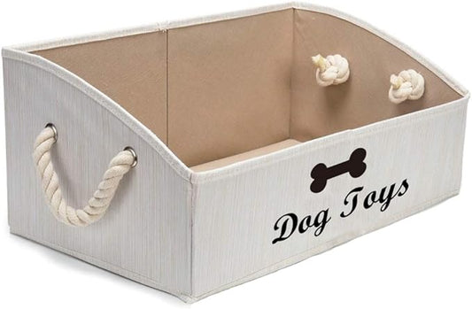 Geyecete Large Dog Toys Storage Bins-Foldable Fabric Trapezoid Organizer Boxes with Weave Rope Handle,Collapsible Basket for Shelves,Dog Apparel(Beige-Dog)