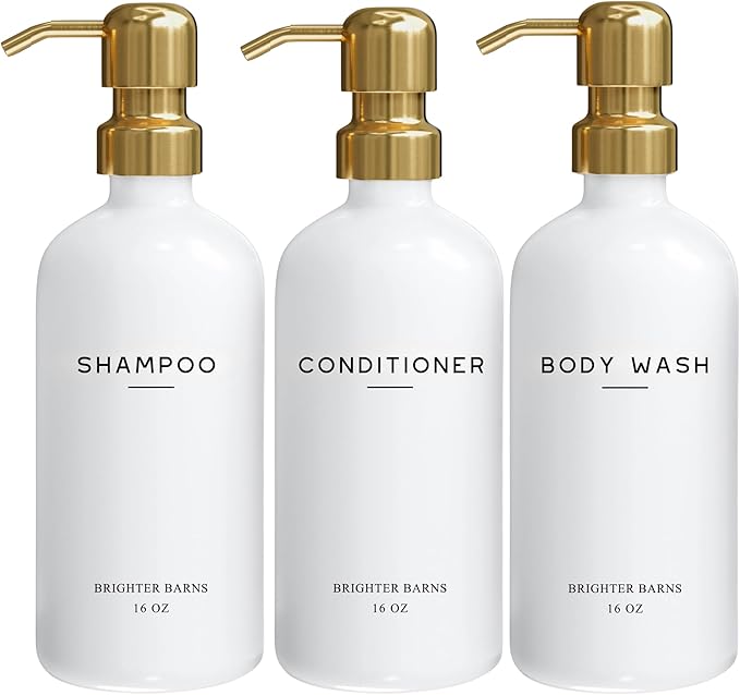Luxury Shampoo and Conditioner Dispenser Set by Brighter Barns - Shower Soap Dispenser - Shampoo Conditioner Body Wash Dispenser & Pump - White and Gold Bathroom Accessories in Spa, Hotel, Gift (Gold)