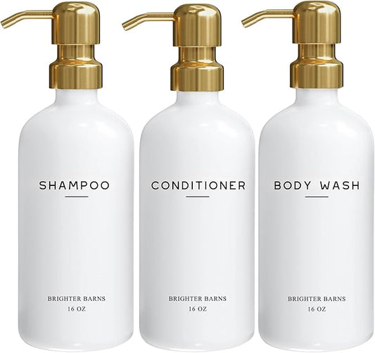 Luxury Shampoo and Conditioner Dispenser Set by Brighter Barns - Shower Soap Dispenser - Shampoo Conditioner Body Wash Dispenser & Pump - White and Gold Bathroom Accessories in Spa, Hotel, Gift (Gold)