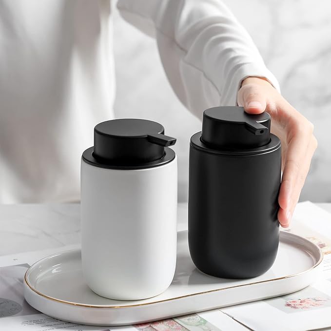 Hand Soap Dispenser for Bathroom Decro, Ceramic Liquid Pump Bottles Refillable Dish Dispenser for Kitchen Farmhouse Colleage Dorm, Matte Black 2 Pack