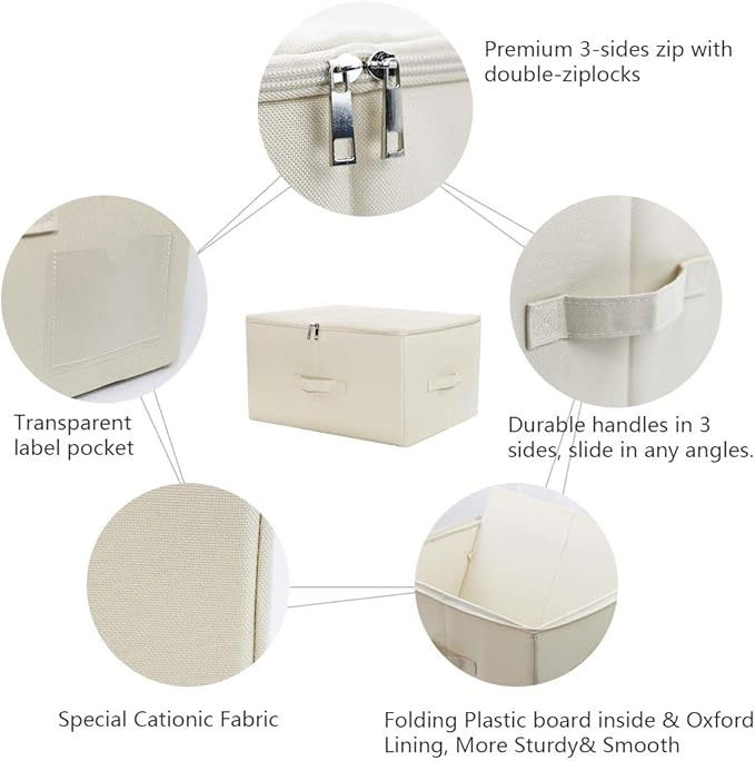 Pack of 3, Folding Rigid Sides Clothing Storage Organizer Bins with Zip Lid, Clothes/Blankets/Books/Magazines Storing Cubes for Living Room, Bedroom, Light Gray