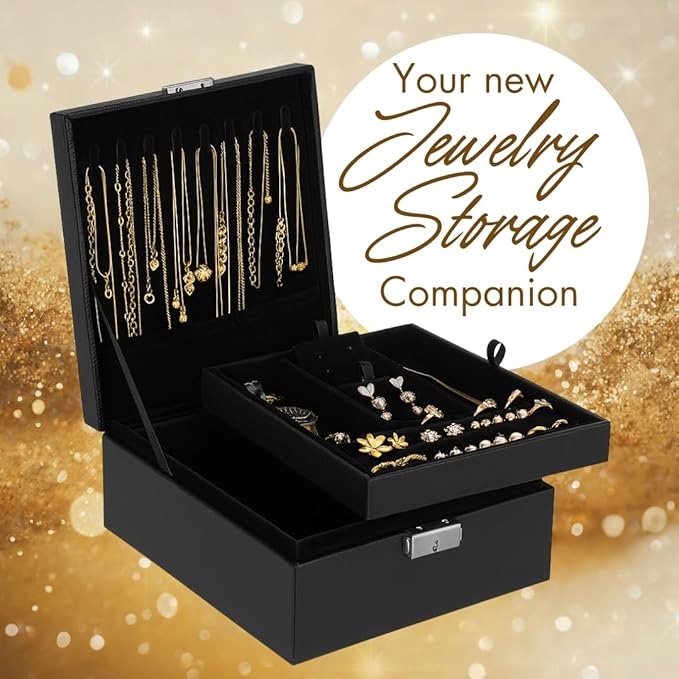2 Layer Jewelry Box, Jewelry Organizer For Woman, Men & Girls Large Case 8.5x7.5x3.3in | PU Leather Jewelry Gift Storage Boxes For Ring, Necklace & Bracelet With Lock (Black)