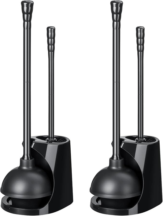 Qaestfy Toilet Plunger and Brush Set for Bathroom Cleaning, 2-in-1 Long Handle Toilet Bowl Brush with Stiff Bristles & Powerful Plunger, Space-Saving Holder (Pack of 2)