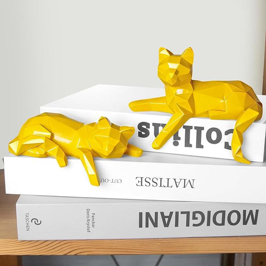 Mrlikale Bookshelf Decor Cat Statue, Modern Geometric Cat Figurines for Living Room Office Shelves Coffee Table Desk Decor – Set of 2 Minimalist Animal Statues (Yellow)