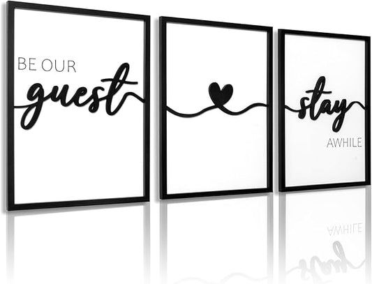 3D Wood Be Our Guest Wall Art, Black and White Be Our Guest Wall Decor Sign, Framed Guest Room Wall Decor(Ready to Hang, 12x16 inches, Set of 3, Framed)