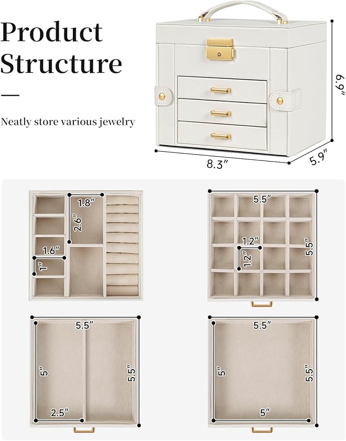 TORIBIO Jewelry Box for Women, Leather Jewelry Organizer with Mirror & Lock, 4-Tier Jewelry Storage Organizer with 3 Drawers for Girls/Women/Mothers, Necklace Earring Bracelets Holder Organizer