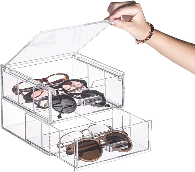 Clear Acrylic 2-Drawer Storage Glasses Organization Drawers Makeup Organizer Box Holder for Sunglasses, Small Items, Makeup Brush Sets, Jewelry Trays and Accessories, 7.24”x7.56”x5.6” (Transparent)