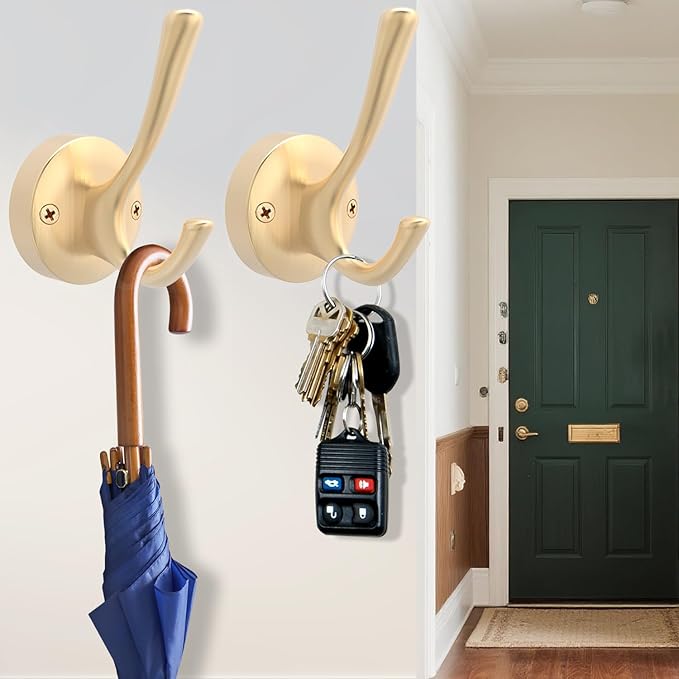 Gold Coat Hooks for Wall, 2 Pack Heavy Duty Towel Robe Hooks, Hats Hooks for Entryway Cubicle Closet Mudroom Bathroom Garage