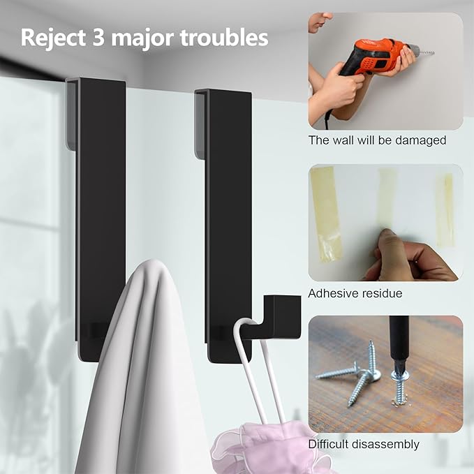 PMMASTO Shower Door Hooks, (7.5 Inch) Extended Towel Hooks for Bathroom Frameless Glass Shower Door, Stainless Steel Heavy Duty Hooks for Hanger Robe,Towel (Black ''L'' Shape 2 Pack)