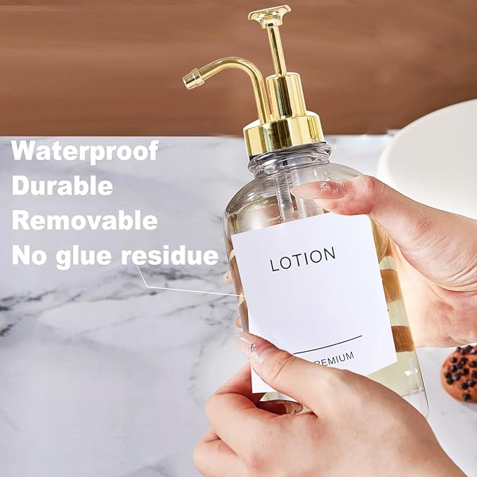 Amber 18 Oz Dish Soap Dispenser for Kitchen, Ultra-Thick Glass Soap Dispenser Set with Tray, Pump, Funnel for Bathroom, Liquid, Lotion, Shower, Laundry, (2 Pack with 12 Stickers)