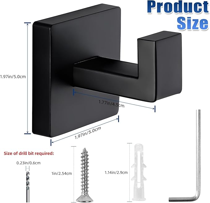 Towel Hooks for Bathrooms, Heavy Duty Wall Mounted Stainless Steel Modern Hook, 2 Pack – Ideal for Hanging Towels, Robes, Coats, in Kitchen, Bedroom, Bathroom, or Hotel (2, Matte Black)