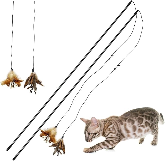 TTcat 2 Pcs Cat Wand Toys Natural Feather Stick Toys,31.5” Extra Long Teaser Wands and 4 PCS Feather Refills,Interactive Toys for Indoor Cat and Kitten.