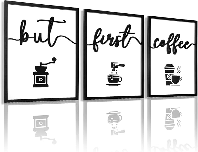 3D Wood But First Coffee Sign, Framed Coffee Bar Wall Decor Wall Art for Dining Room Kitchen Home Office (Ready to Hang, 12x16 inches, Set of 3, Framed)