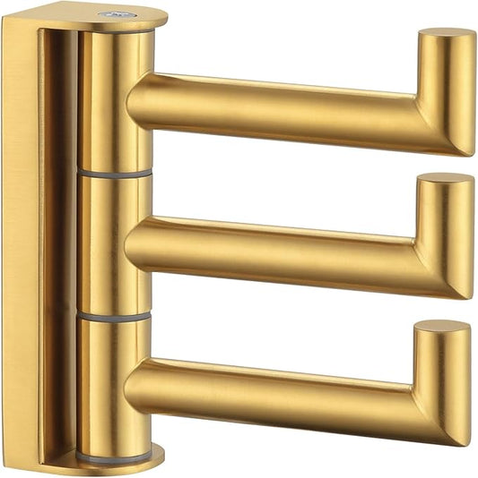 Angle Simple 3 Arms Towel Hook Brassy Gold, 304 Stainless Steel Swivel Triple Towel Holder, Folding Bathroom Hook, Wall Mount