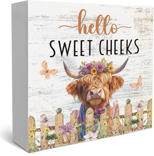 Rustic Bathroom Decor Farmhouse Hello Sweet Cheeks Wooden Sign, Toilet Rules Decoration for Farmhouse Apartment Shelves Toilet Restroom Home Tabletop Desk, Modern Toilet Shelves Accessory (Highland Cow Y)