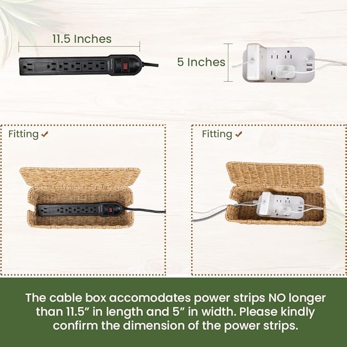 Cable Management Box, Handmade Rattan Cable Organizer, 2 Open Slots Cords Hider Box, Under Desk Cord Organizer for Computer Router USB Hub & Power Strip, Patent Pending, 13" x 5.1" x 5.1", Natural
