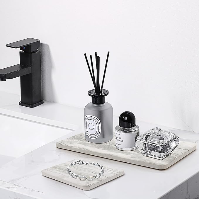 4 Pcs Water Absorbing Stone Trays for Bathroom Sink Instant Drying Mats for Kitchen Counter Dish Trays Decor Hand Soap Dispenser Caddy Sponge Holder Marble Diatomite Coaster Small Vanity Bathroom Tray