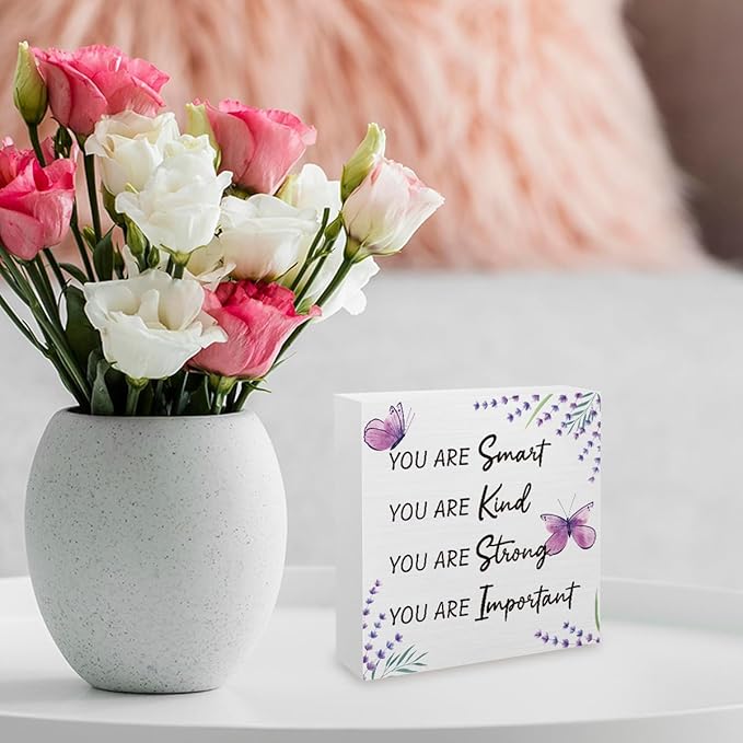 Purple Decor,Purple Butterfly Decorations,Inspirational Butterfly Decoration,Lavender Decor for Office Room Bathroom Living Room Home Nursery for Girls Teen Wooden Box 5 x 5 Inch