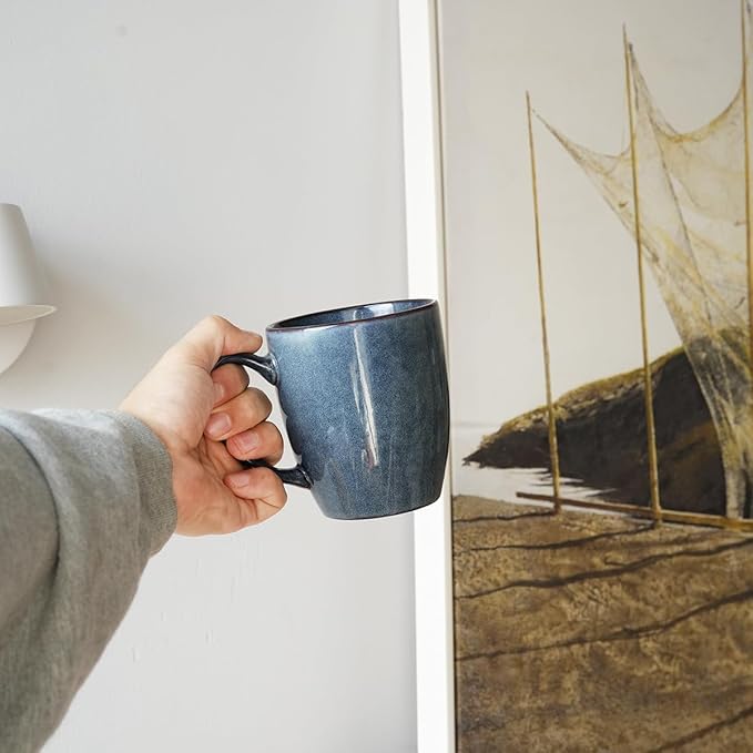 Bosmarlin Ceramic Coffee Mug Set of 4, 17 Oz, Coffee Cups with Big Handle, Microwave Safe, Unique Reactive Glaze (Deep Blue, 17 Oz)