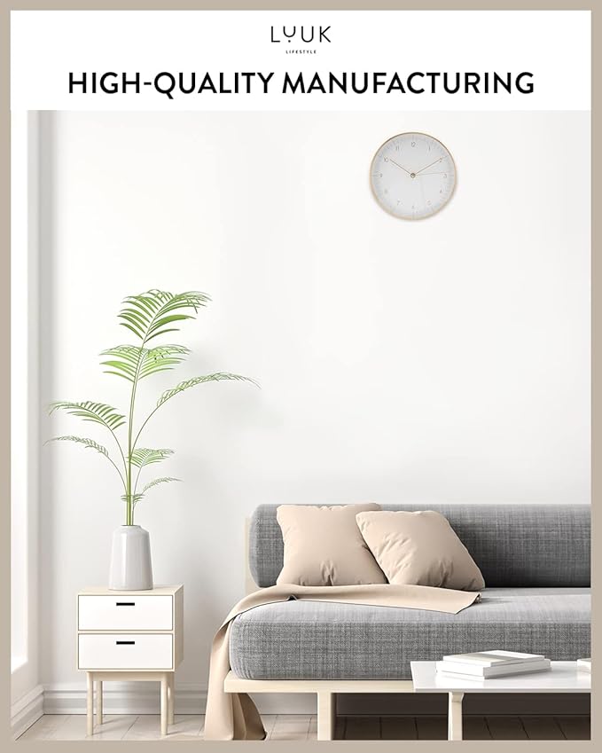 LUUK LIFESTYLE Silent Quartz Wall Clock, Nordic and Minimalist Design, Interior Decoration for Living Room, Kitchen, Bedroom, White and Gold
