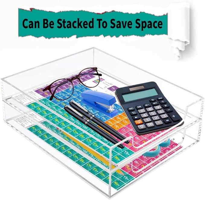 Tasybox Acrylic Letter Paper Organizer, Clear Desk Organizer Tray Stackable Desk Accessories Tray for School Home Office Supplies