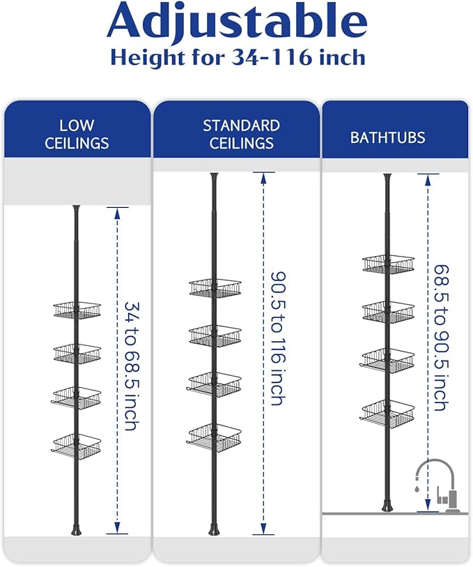 SEIRIONE Rustproof Shower Caddy and Organizer Corner for Bathroom, Tension Pole With 4 Adjustable Baskets for Shower Accessories, 34 to 116 Inch Height, Black