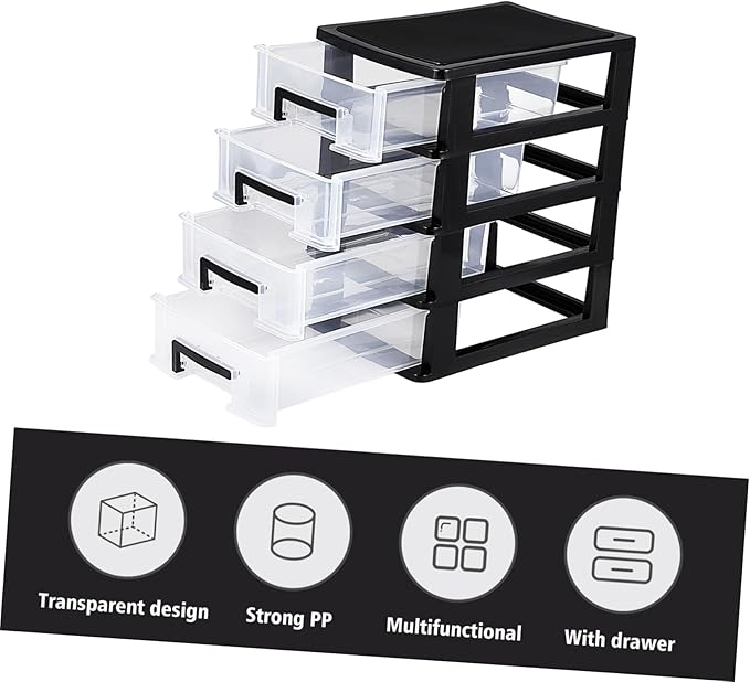 Plastic Drawers - 4 Layer Small Desktop Organizer with Transparent Drawers for Home, Office, Stationery, Jewelry and Cosmetics
