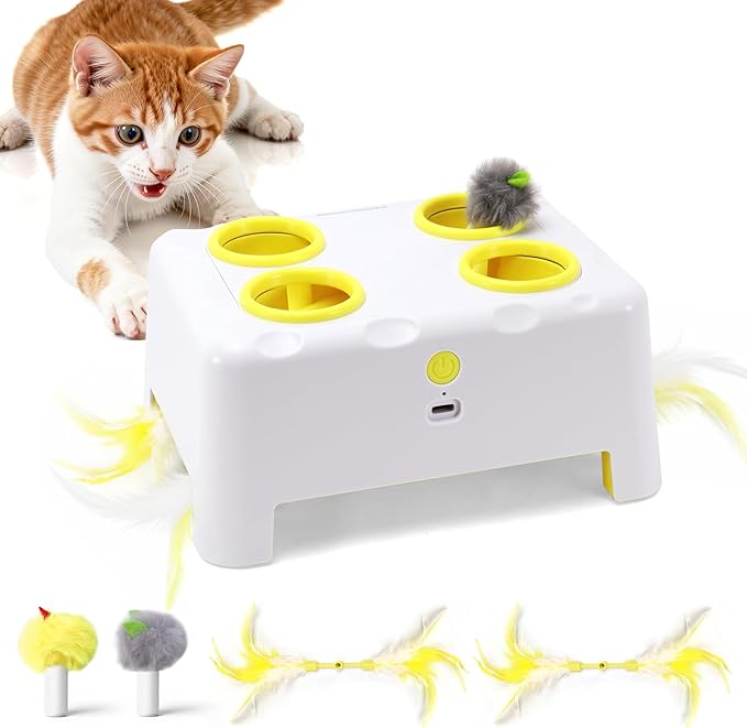 Interactive Cat Toy for Indoor Cats, 3 Modes Feathers Toy, Rechargeable 4 Holes Mole Cat Toys, Cheese Box for Kitten, 4 Accessories (White)