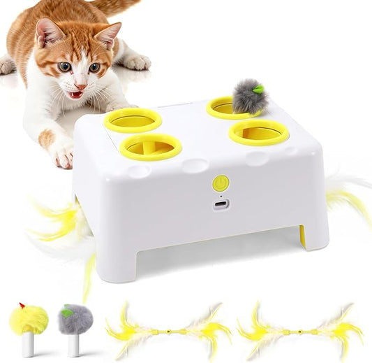 Interactive Cat Toy for Indoor Cats, 3 Modes Feathers Toy, Rechargeable 4 Holes Mole Cat Toys, Cheese Box for Kitten, 4 Accessories (White)