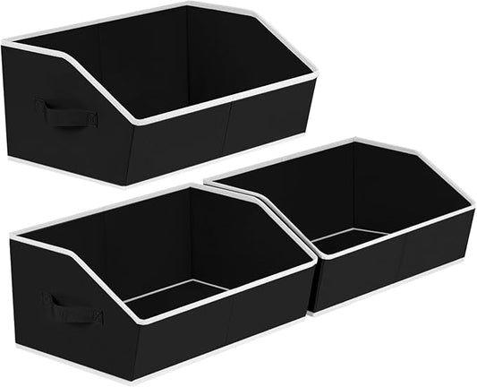 Large Closet Organizers and Storage Bins - 3 Pack Trapezoid Storage Baskets for Shelves, Foldable Fabric Baskets with Handles Ideal for Closet, Basket, Wardrobe and Shelf Storage, Black