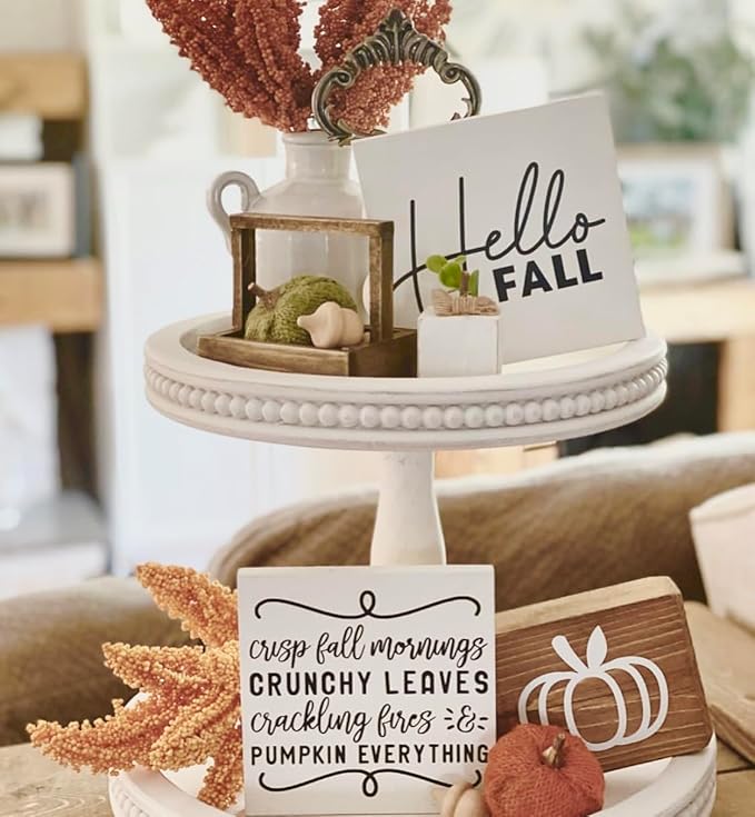 2 Tiered Tray Wooden Serving Stand by Felt Creative Home Goods. Small Shabby Chic Beaded Tray for Home Decor Display Farmhouse Country Decoration Kitchen or Dining. Includes 3 Custom Handles (White)