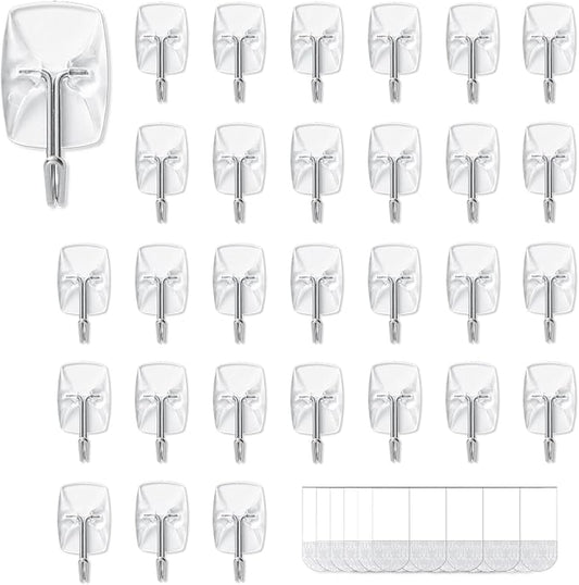 30 Small Hooks+40 Removable Strips, Clear Wire Utility Hooks with Adhesive Strips Damage-Free, No Tools Wall Hooks for Hanging Heavy Duty, Value Pack