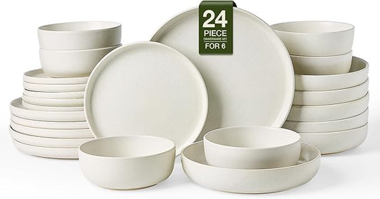 Famiware Milkyway Stoneware Dinnerware Sets with Pasta Bowls, Service for 6 (24 Pieces), Reactive Glaze Plates and Bowls Sets, Microwave and Dishwasher Safe Dishes Set, Matte Beige White