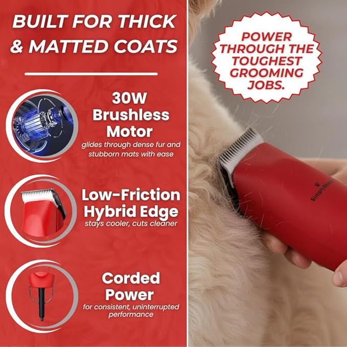 Professional Dog Clippers for Grooming | High-Performance 2-Speed Corded Shears for Thick, Curly Coats & Matted Hair | Low-Noise Pet Grooming Kit with Heavy Duty Hair Trimmer, Red
