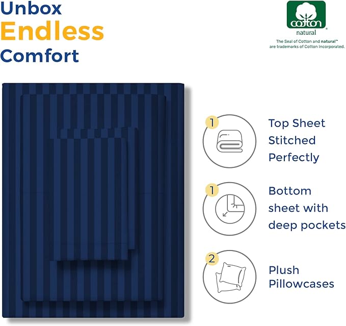 THREAD SPREAD Luxury Egyptian Cotton Twin Stripe Sheet Set - 600 Thread Count Extra Long Staple 3 PC Set, Twin Damask Sheets, Soft, Cooling Sateen Weave Striped Sheets Upto 18" Deep Pocket - Navy Blue