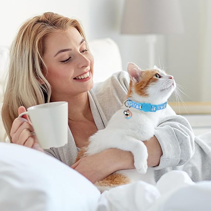 Baeuppit 2PCS Breakaway Cat Collars with Bell Cute Kitty Glow in The Dark Adjustable Kitten Collars with Pendant(Black&Sky Blue)