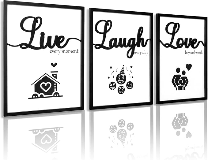 3D Wood Living Room Wall Decor, Live Laugh Love Wall Decor, Framed Love Wall Art for Living Room Bedroom Home(Ready to Hang, 12x16 Inch, Set of 3, Framed)