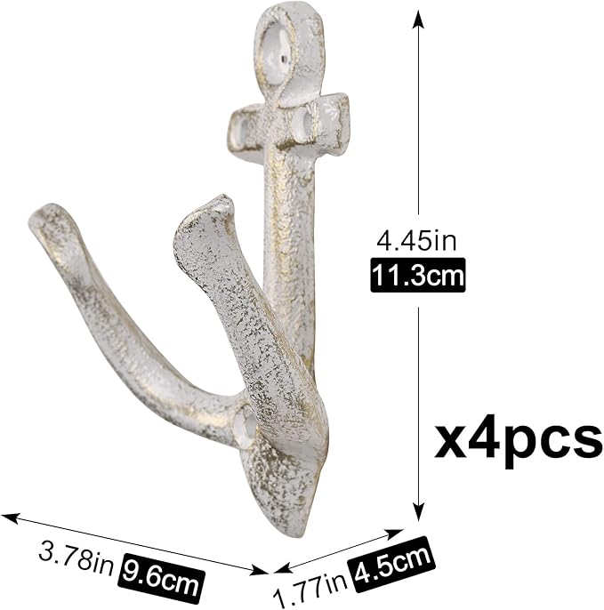 XINGYAN Vintage Rustic Cast Iron Nautical Sea Anchor Design Wall Hooks,Home Coat Rack,Decorative Wall Mounted Antique Shabby Chic Metal Bathroom Towel,Coat Hooks,Hanger,Screws Inside (Beige[4pcs])