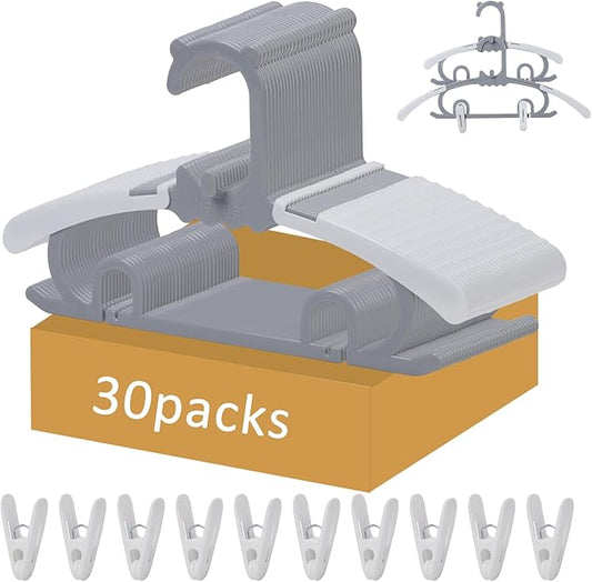 30 Pack Plastic Hangers with 16 Clips, 11-15 inch Adjustable Clothes Hangers, Durable & Non-Slip, Space Saving Coat Hanger for Pants, Jackets and Dress (Grey)