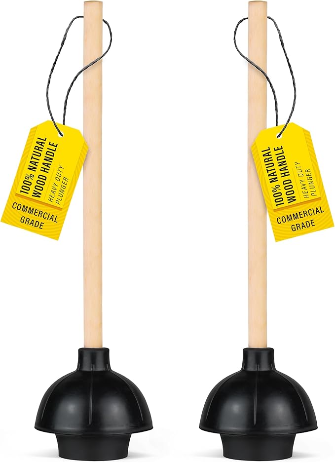 SteadMax Heavy Duty Toilet Plunger, Commercial Grade Double Thrust Force Rubber Cup with Wood Handle, 2 Pack (22")