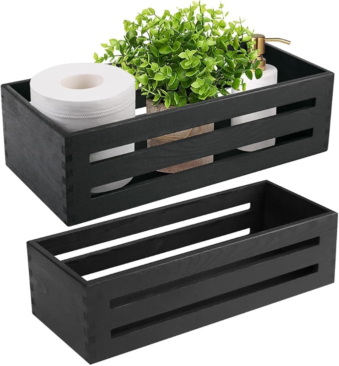 LotFancy Bathroom Decor Box, 2 Pack Wooden Toilet Paper Holder, Black Toilet Tank Basket, Back of Toilet Storage Basket, Farmhouse Toilet Tank Topper