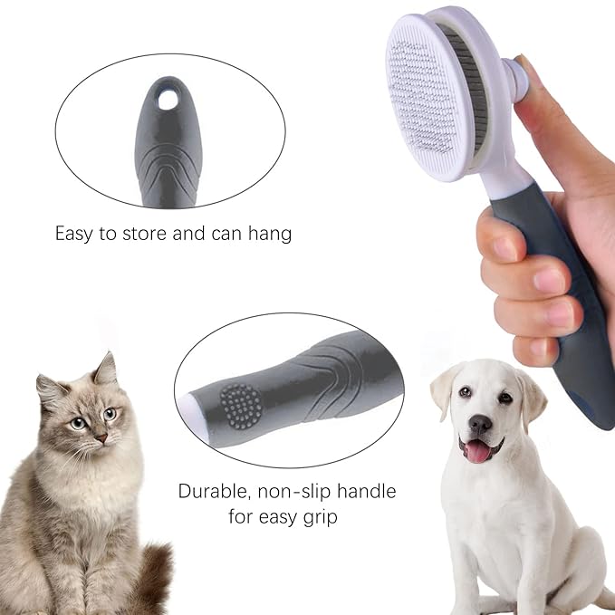 Cat Grooming Brush, Pets Skin Friendly Self Cleaning Slicker Brushes for Shedding Massage Dogs Cats Hair Gentle Remove Loose Undercoat with Long or Short Hairs for All Fur Type- UPGRADED (Gray)