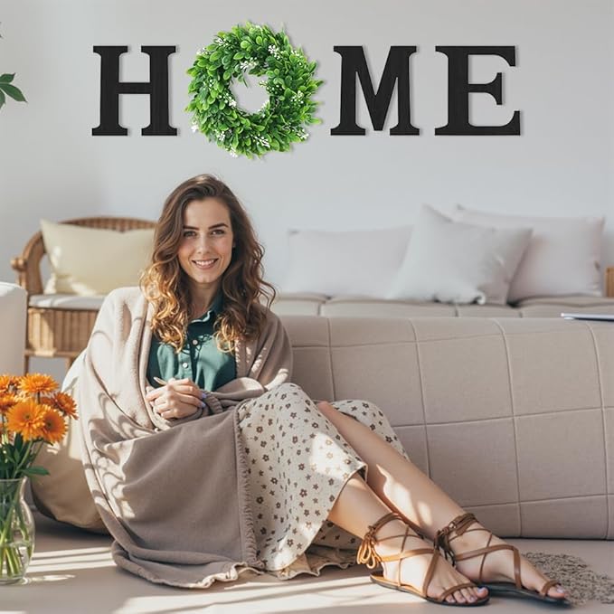 Wooden Home Sign with Artificial Green Wreath for O, Hanging Farmhouse Wall House Decor Wood Letters for Wall Art Rustic Home Decor, Wall Decor for Living Room Kitchen Entryway (Black)