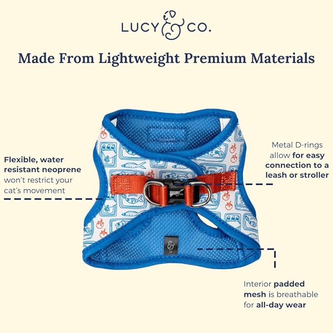 Lucy & Co. Tinned Fish Step-in Cat Harness & Leash Bundle – Reflective, Breathable & Adjustable Harness for Cats, Kittens & Small Dogs, Lightweight & Secure and Dual Leash Clips – Large