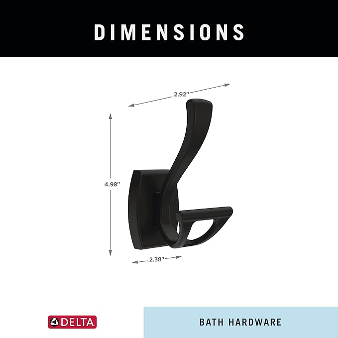 Delta Dansant (1-Pack) Towel Hooks Matte Black Double J Wall Mounted for Robes 2-Prong Holder, Bathroom Accessories DAN35-MB