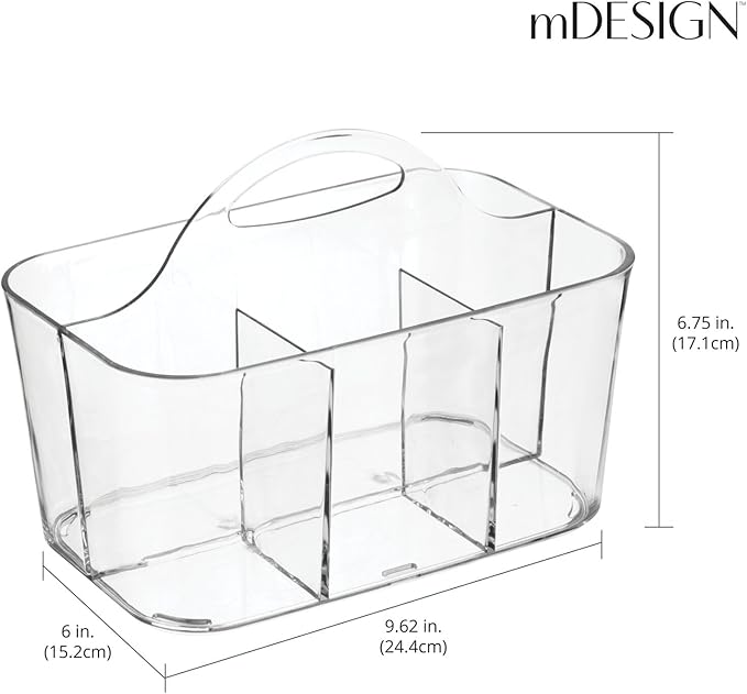 mDesign Plastic Makeup Storage Organizer Caddy Tote, Divided Basket Bin, Handle for Bathroom, Hold Eyeshadow Palettes, Nail Polish, Brushes, Shower Essentials, Small, Lumiere Collection, 2 Pack, Clear