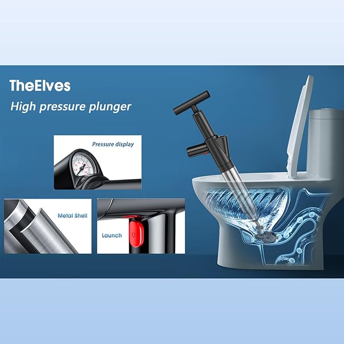 TheElves Toilet Plunger Heavy Duty, Electric High Pressure Toilet Clog Remover Tool, Powerful Bathroom Plunger for Drain Cleaning - Black